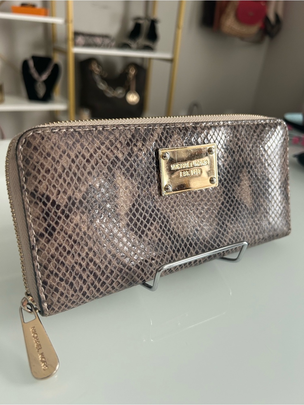 Michael Kors Taupe Snake-Print Zip Wallet with Gold Hardware